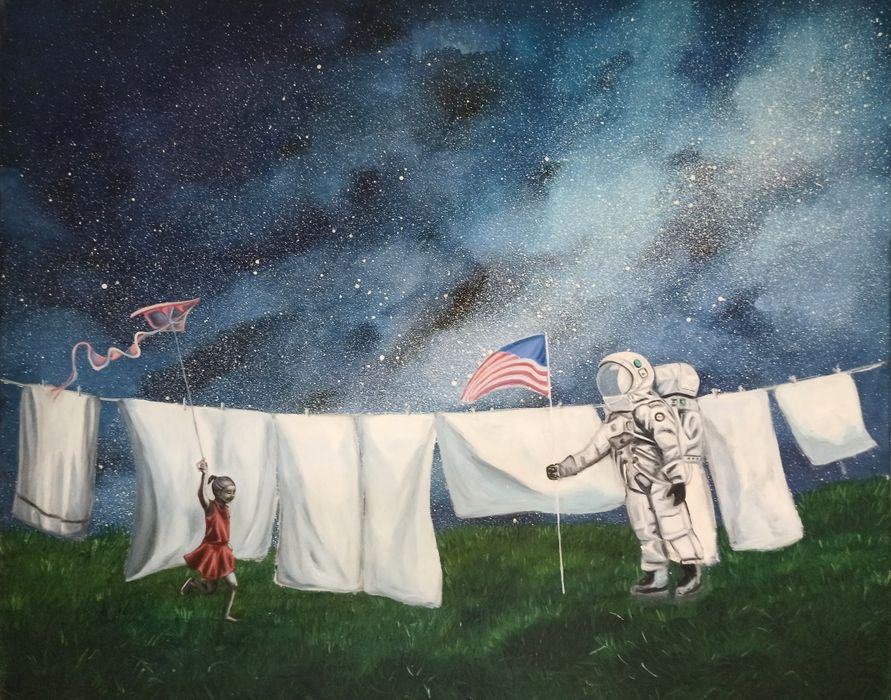 Obraz olejny duży surrealistyczny poziomy 100x80cm kosmos galaktyka