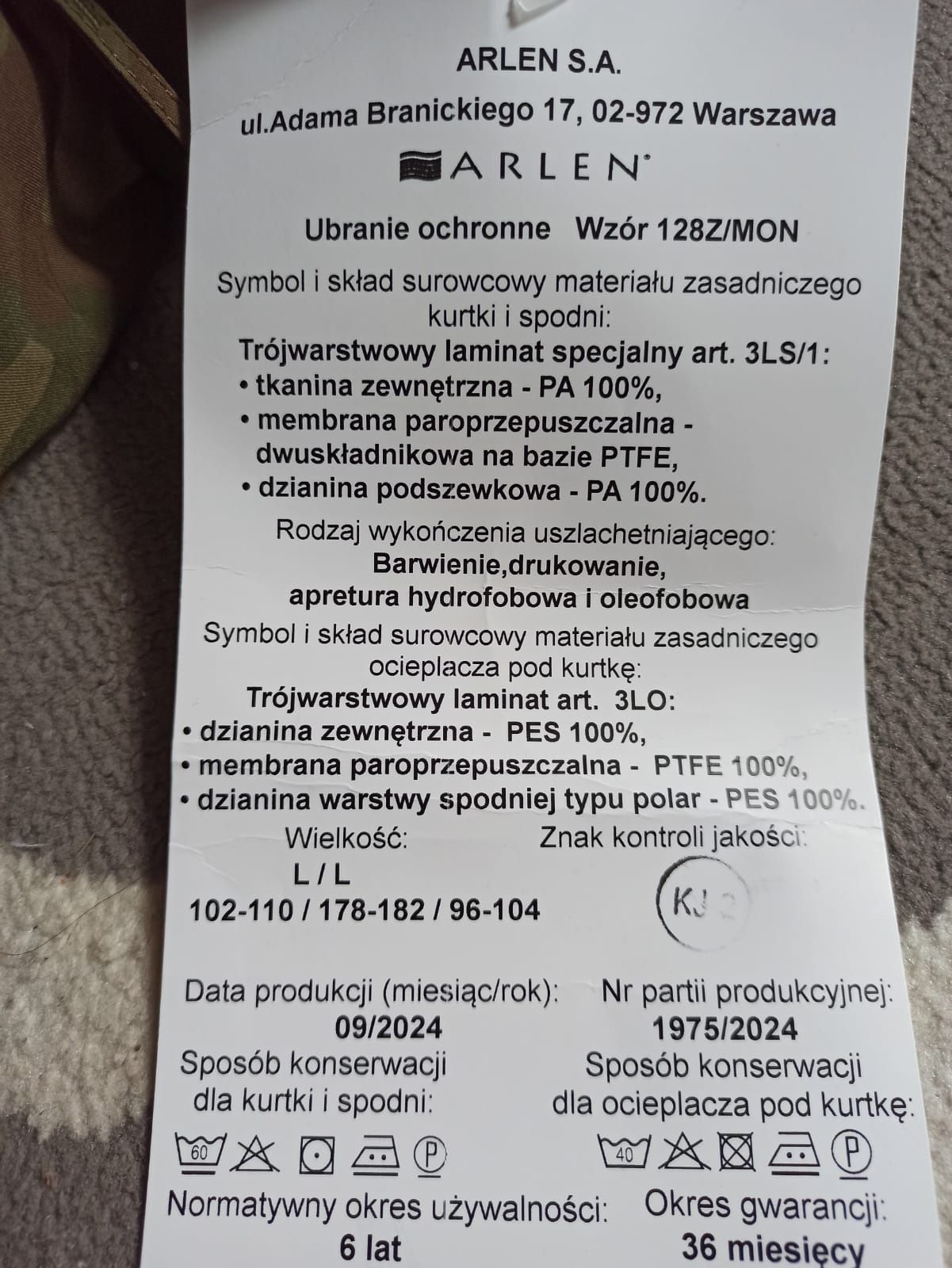 Gore-tex, Ubranie ochronne L/L 2024r