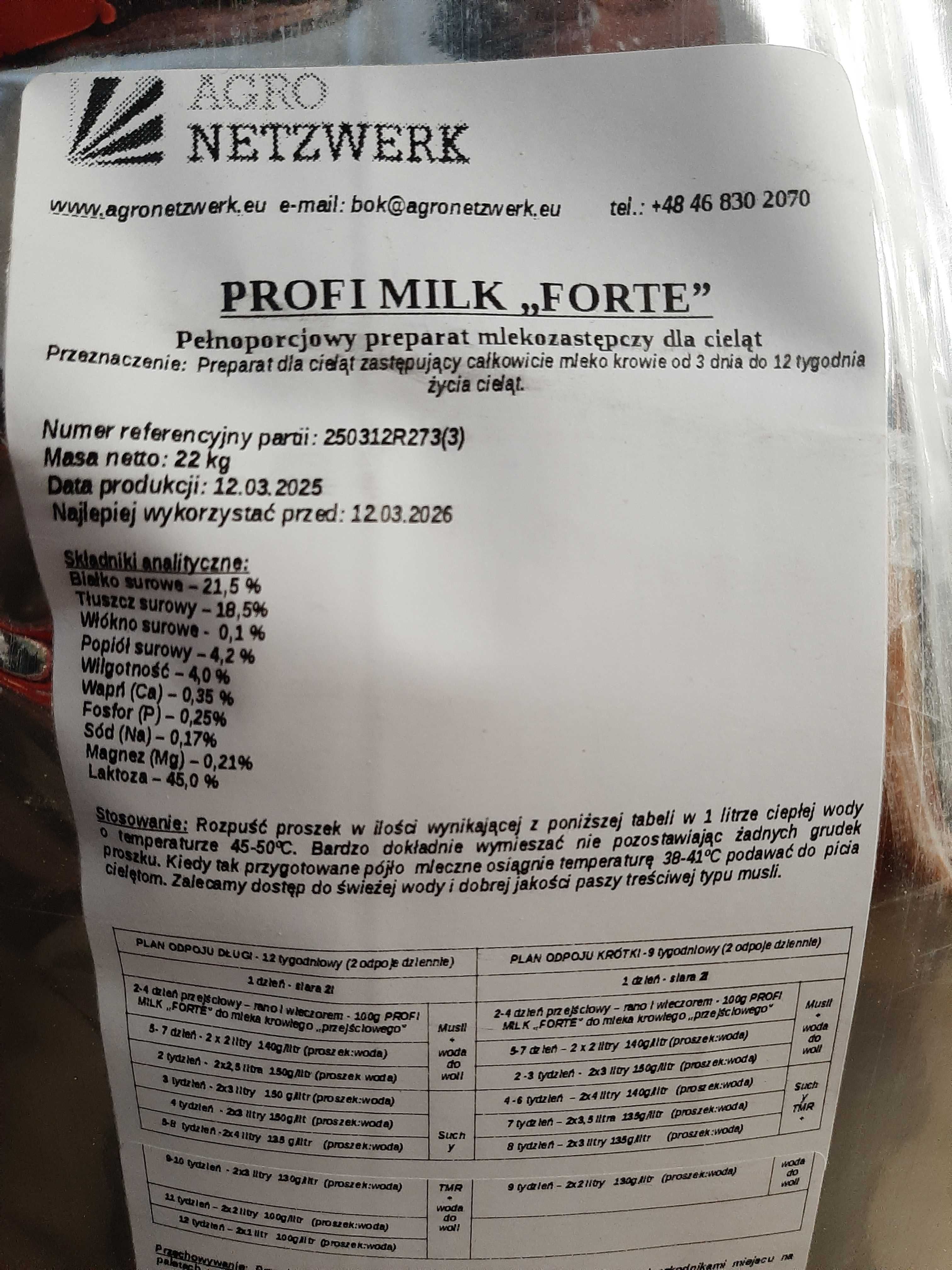 Mleko dla cieląt białe od 3 dnia PROFI MILK FORTE - NETZWERK, 20kg