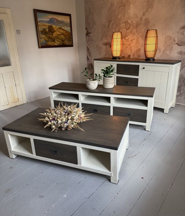 PIEKNY Zestaw komoda, rtv, stolik, biały, drewniany, rustykalny