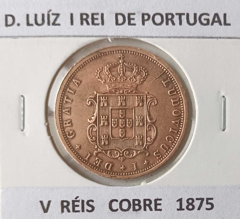 Moeda V Réis Cobre 1875 Monarca Português D. Luiz I (4ª Dinastia)