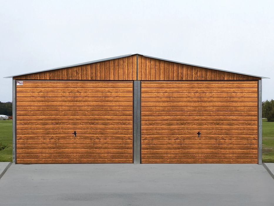 Blaszak dwustanowiskowy 6x5 m - Dach dwuspadowy, Brama uchylna, Drewno