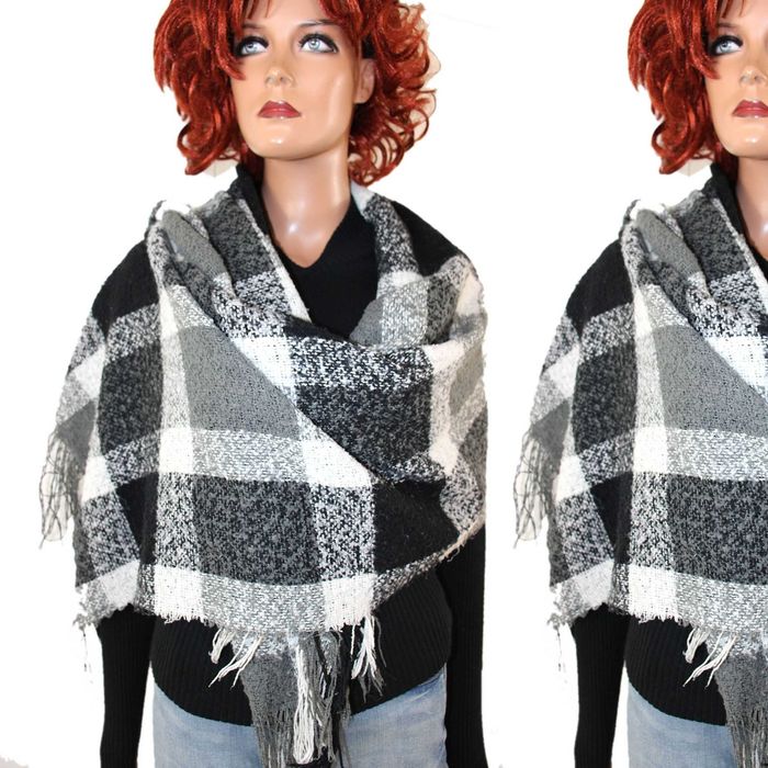 sl1 stylowy szal w kratkę modne frędzle 59x184