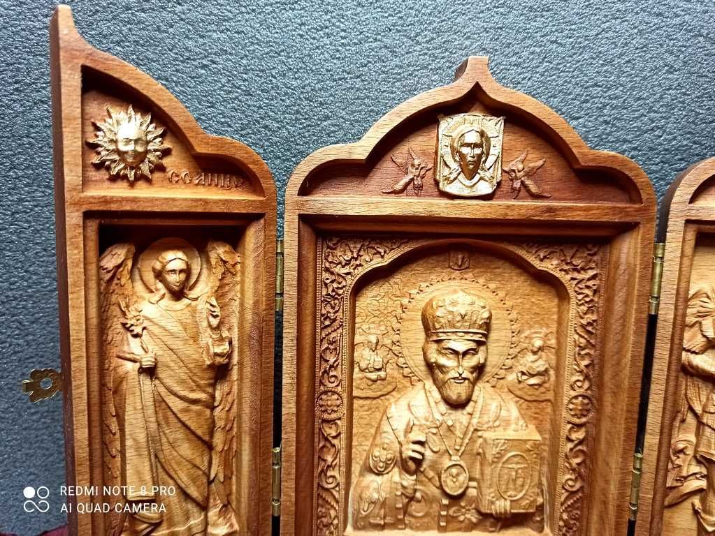 Икона резная триптих Св. Николай, арх. Михаил и Гавриил (под заказ)