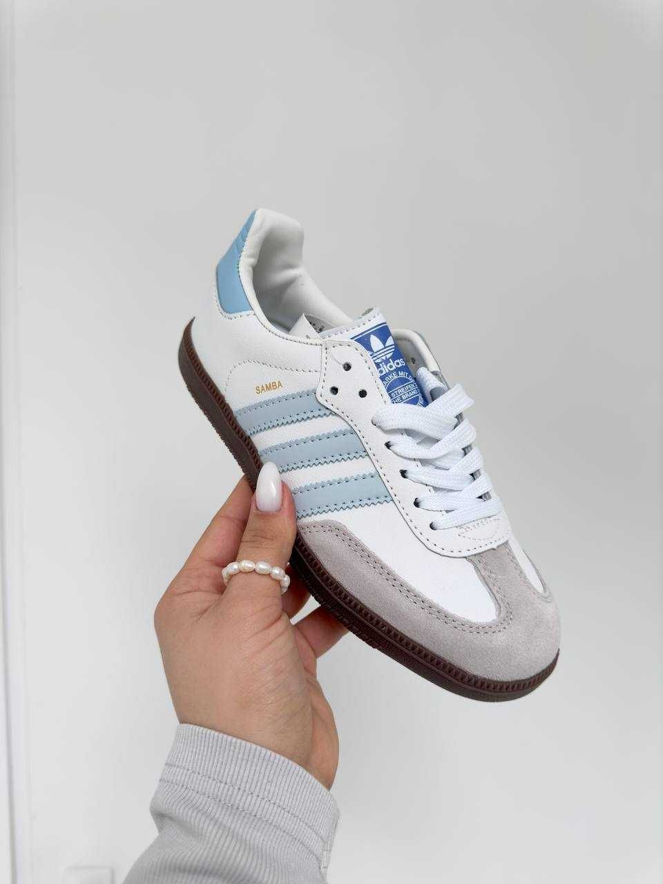 Жіночі кросівки Adidas samba білий з блакитним 78903 СУПЕР