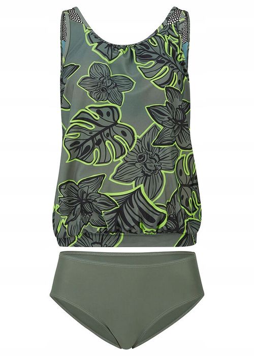 B.P.C tankini khaki z neonowym wzorem liści w komplecie z figami ^38