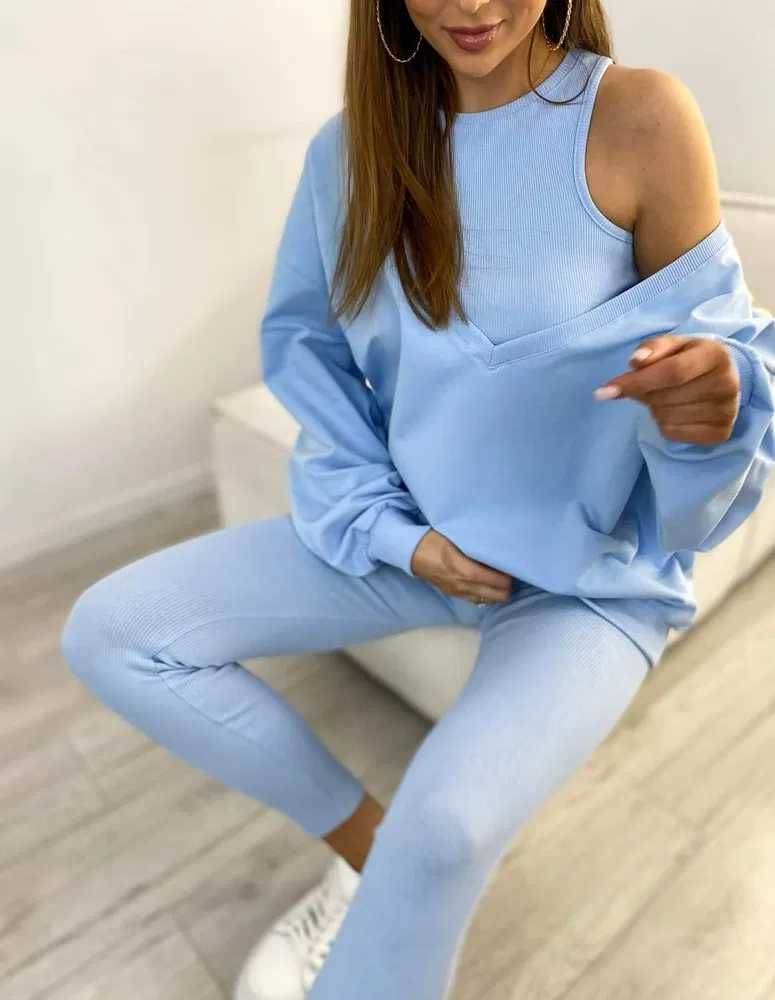 Komplet 3 częściowy bawełniany. Top i legginsy prążek, bluza oversize