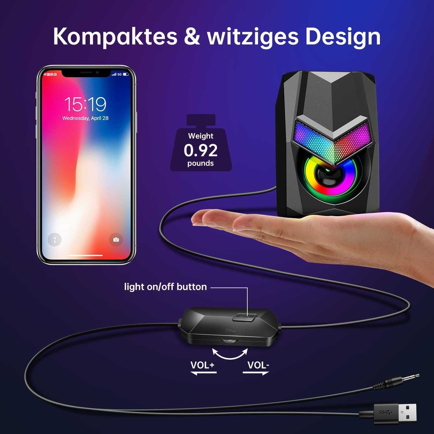 Głośniki RGB komputerowe małe 2.0 6W