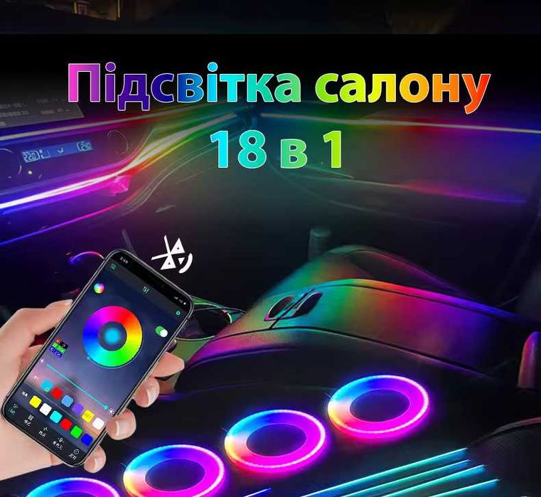 Контурная амбиентная RGB подсветка салона в авто по Bluetooth 18 в 1