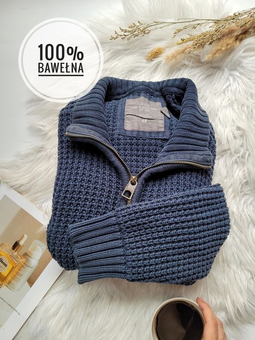 Granatowy sweter męski rozpinany H&M M bawełniany na zamek gruby