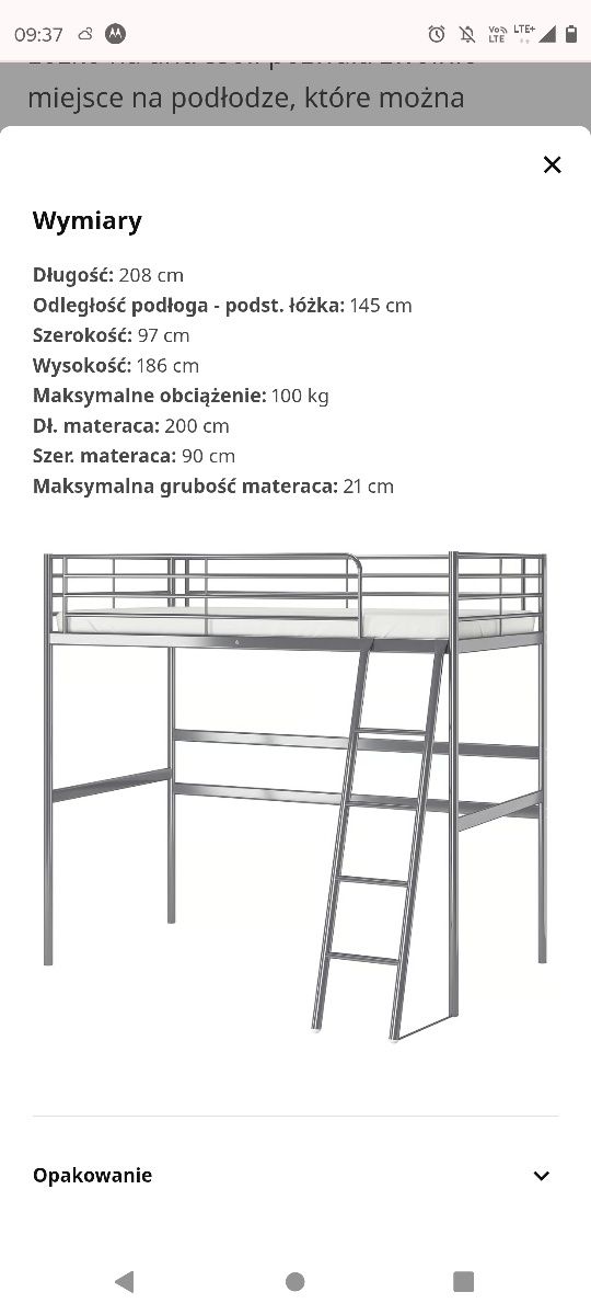Rama lozka piętrowe Ikea Svarta 90x200