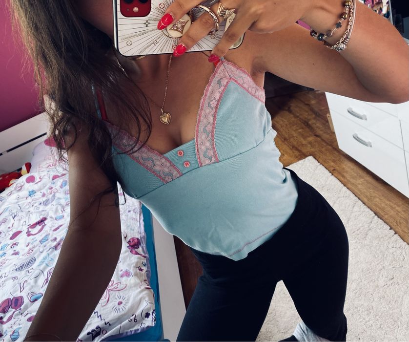 Koszulka nocna niebieska top bluzka s m róż koronka new butik tumblr