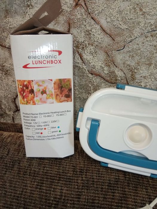 Ланч- бокс с подогревом, цвет белый с голубыми ручками