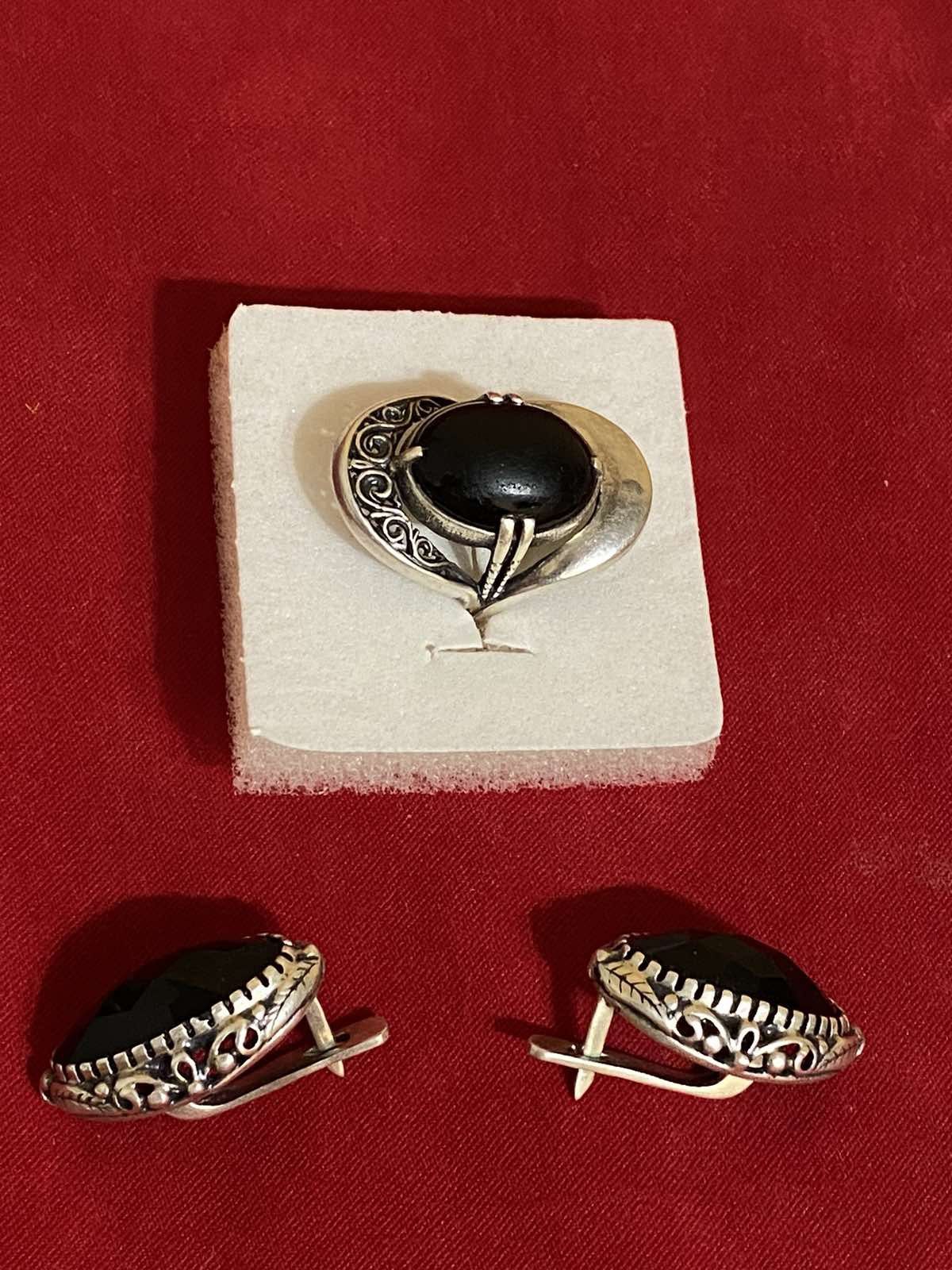 Серебряные  серьги кольцо чёрный агат серебро сережки каблучкв срібна