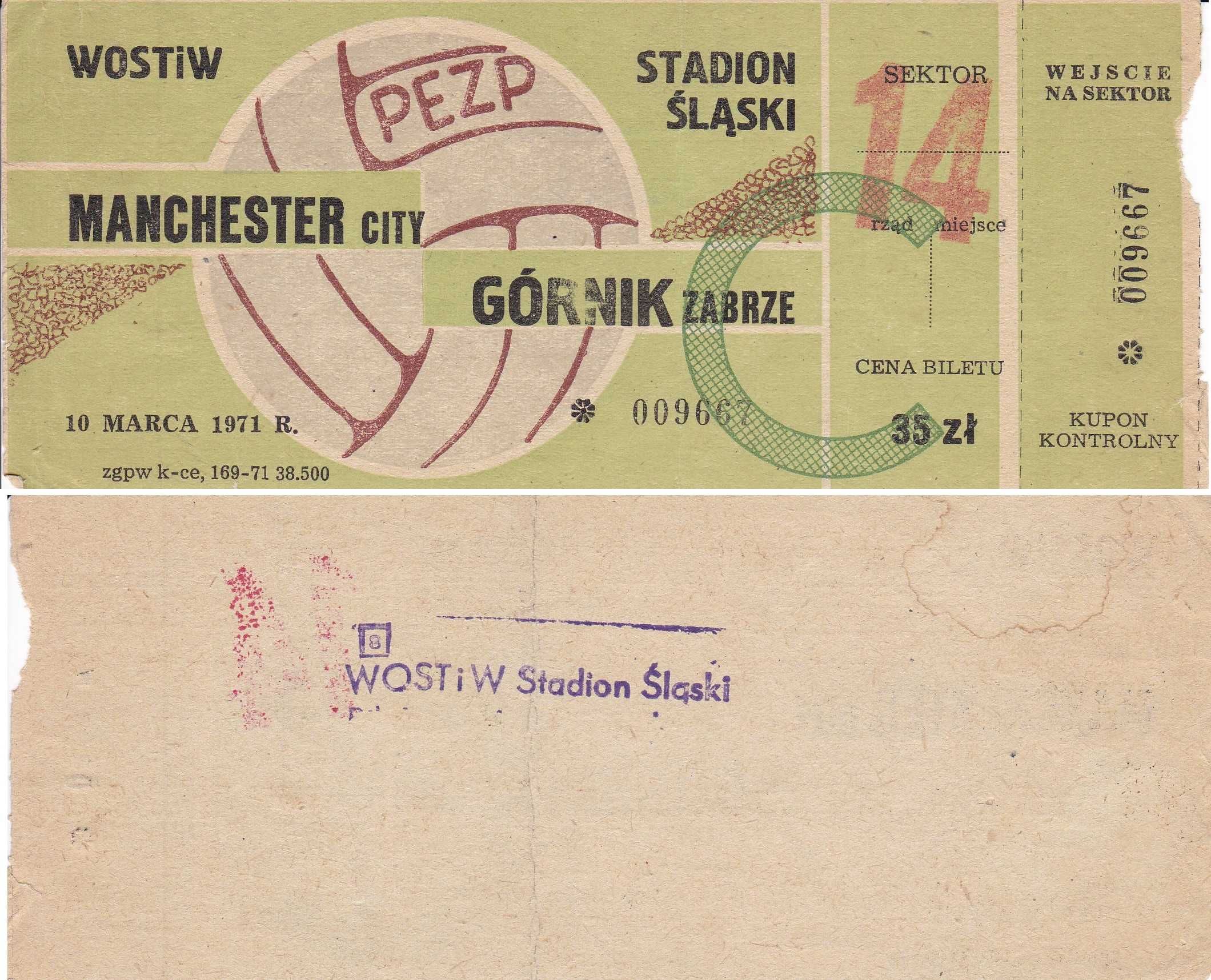 Bilet Górnik Zabrze-Manchester City 10.03.1971