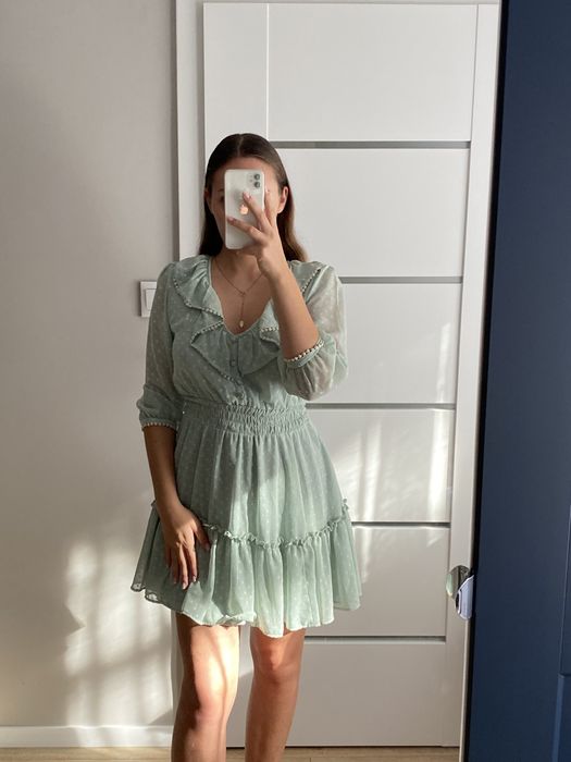 Miętowa elegancka krótka weselna sukienka w groszki House Brand (S)