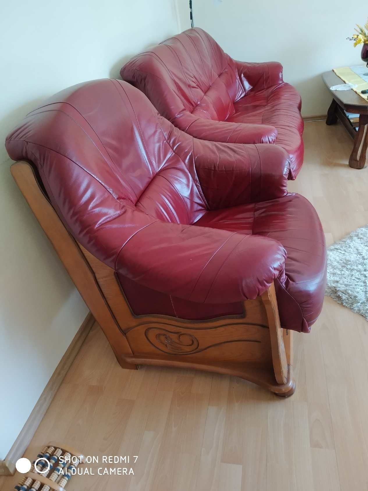 Zestaw wypoczynkowy kanapa sofa skórzana 2 osobowa + fotel