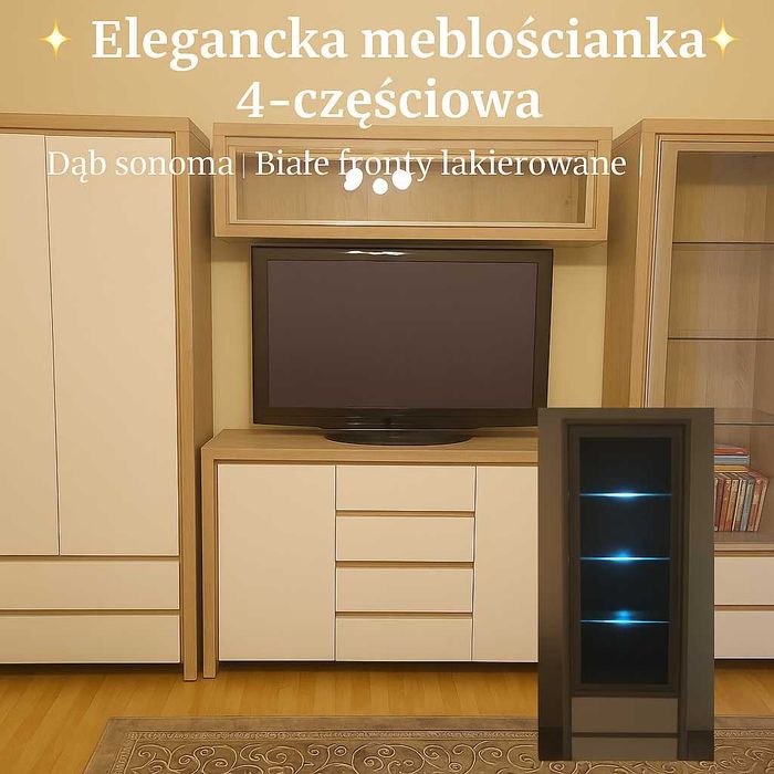 Meblościanka / zestaw mebli do salonu – dąb sonoma + białe fronty.