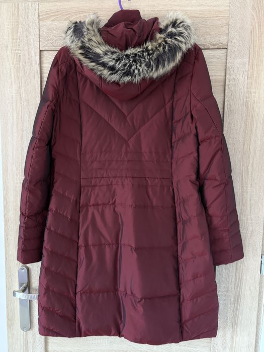 Kurtka puchowa zimowa bordowa burgundowa z kapturem płaszcz zimowy