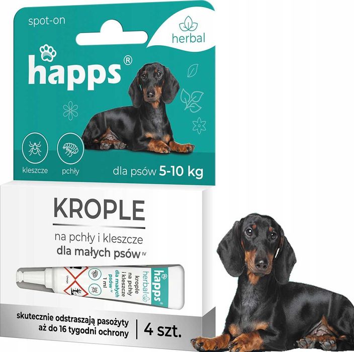 HAPPS Herbal - krople na pchły i kleszcze dla małych psów do 10kg 4szt