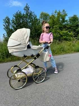 Duży wózek dla lalek lalki głęboki retro złoty różowy futerko Jackmar