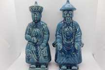 Par de Dignatários Sentados Esculturas Porcelana Chinesa Azul XX 30 cm