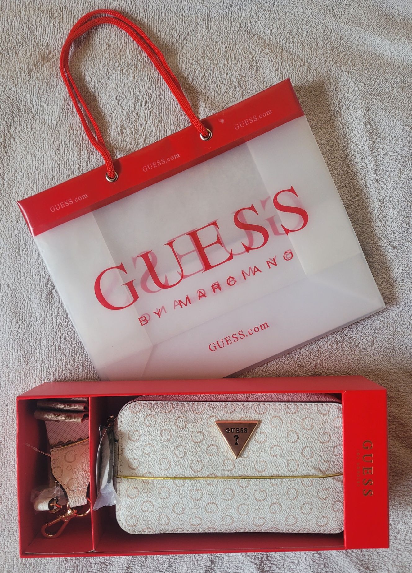 Guess La Rosa Mini torebka crossbody camera bag biala brazowa