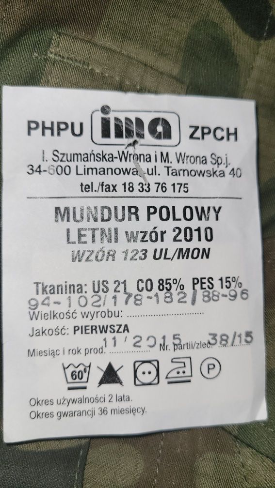 Mundur Polowy Letni wzór 2010 wz. 123UL/MON 178-182 cm.OKAZJA!!