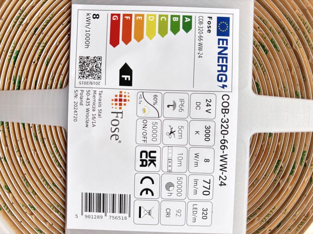 Tasma wodoodporna LED COB 24V 8W 3000K IP66 10m