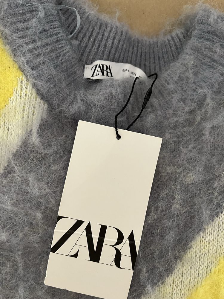 ZARA nowy sweter w stylu patchwork wlochaty żółty szary L