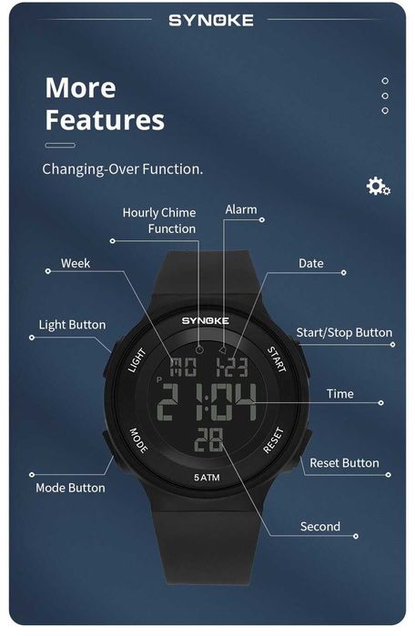 Czarny zegarek męski Synoke 42mm elektroniczny cyfrowy sportowy WR50