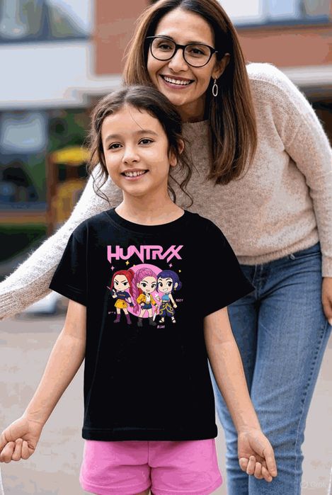 Koszulka dziecięca czarna, huntrix, trzy postacie 152