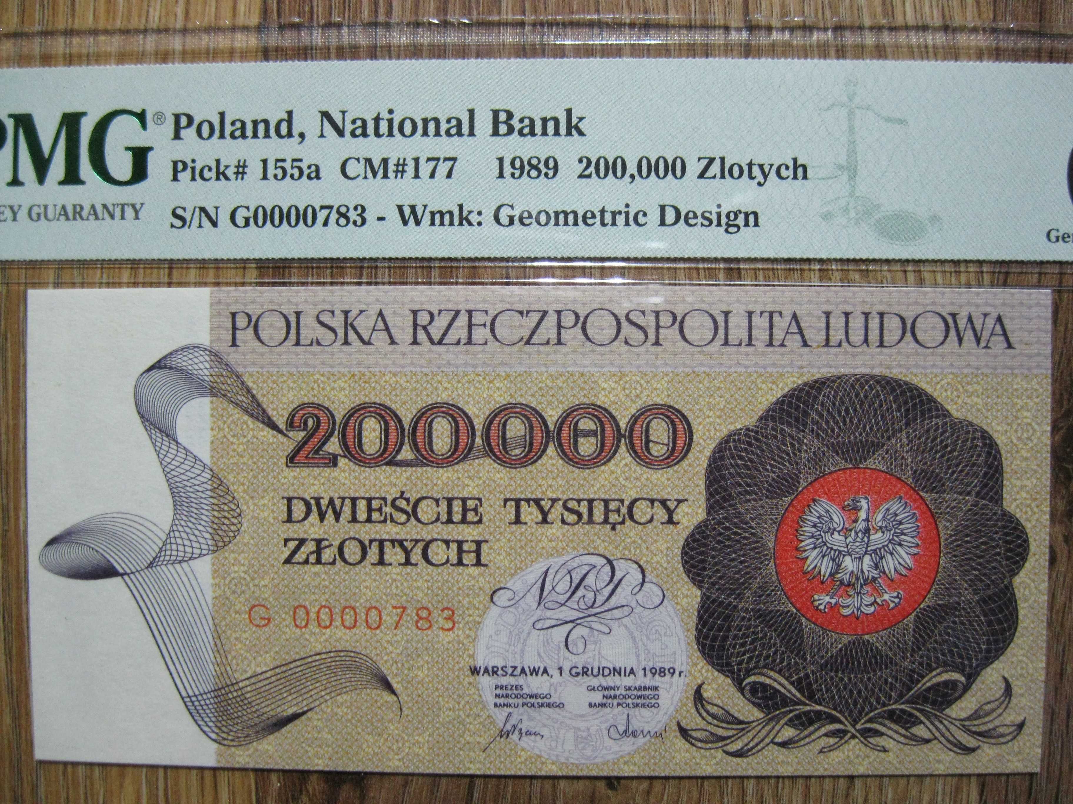 Banknot PRL 200000 złotych 1989 rok seria G grading PMG 66 niski numer