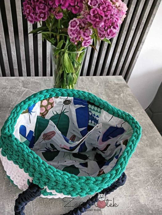 Torebka szydełko shopper hand made boho podszewka kieszonka zamykanie