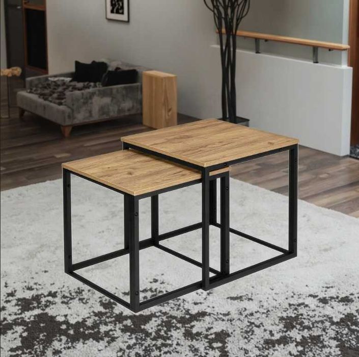 NOWY Stolik Kawowy Czarny Do Salonu Loft Z Lamelami 2w1 Wysoki Zestaw