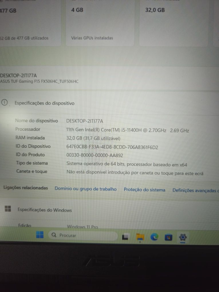 Portátil Asus TUF i5 11400H, RTX 3050 4GB, 32GB DDR4, 512GB M.2, 144Hz