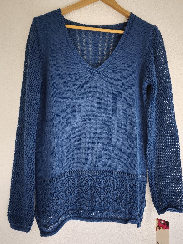 Camisola azul ganga, de malha fria, italiana