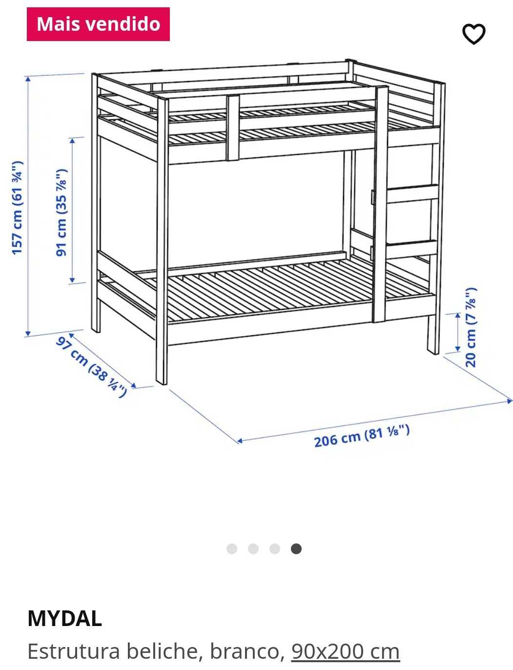 MYDAL
Estrutura beliche, branco 90x200 cm