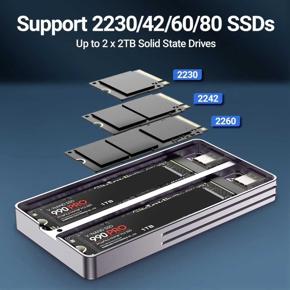 Внешний адаптер JEYI Dual Bay M.2 NVMe 2280 PCIe SSD to USB 3.2 карман