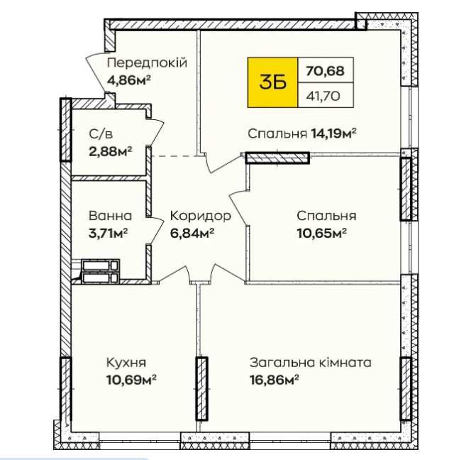 Трикімнатна квартира 70.68 м² — в розстрочку на 36 міс. або єОселя