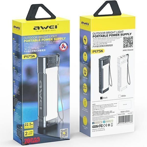 Awei Powerbank P175K 20000Mah 22.5W Czarny/Black 2Xusb/Pd + Lampka Led