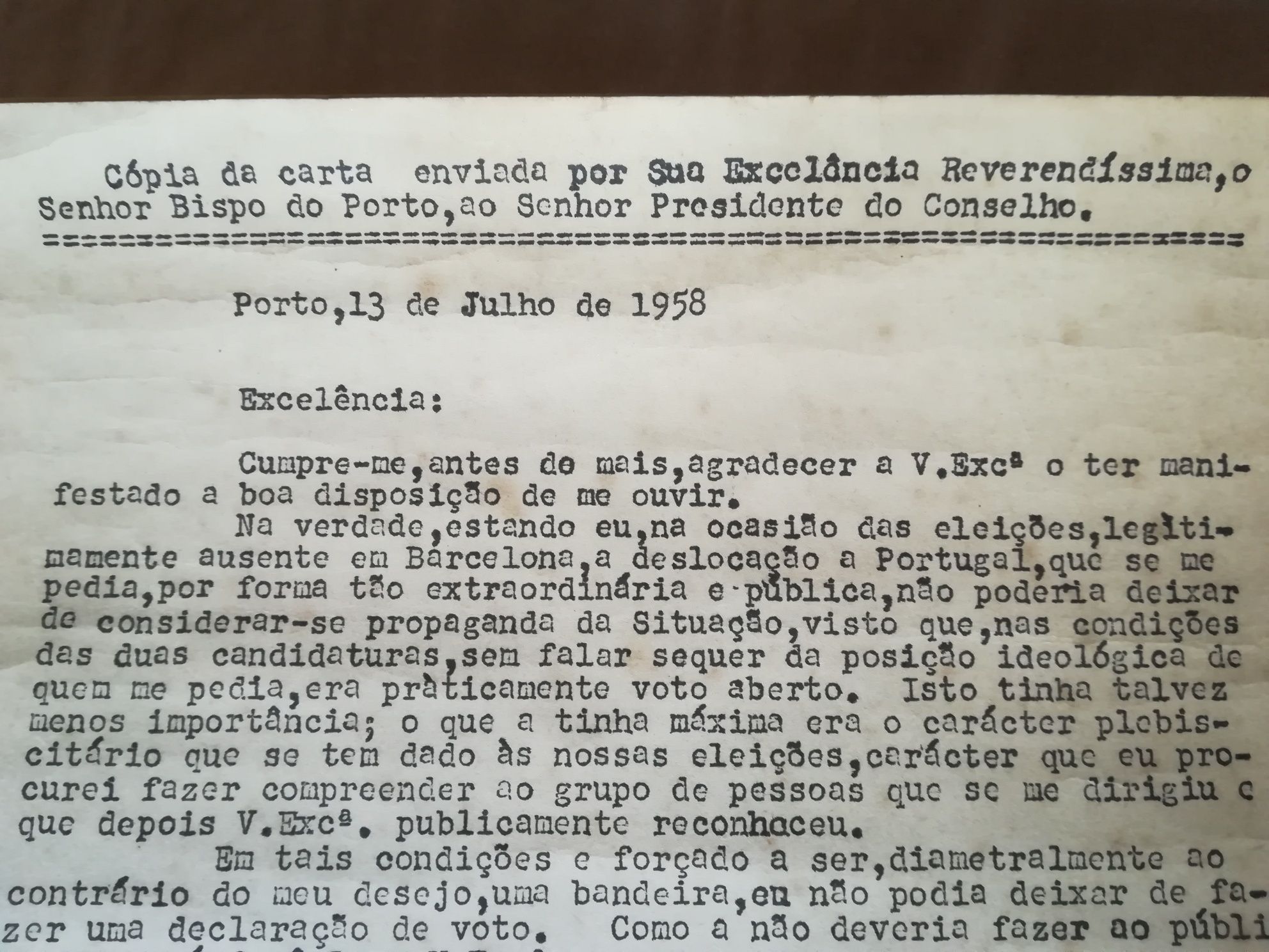 Cópia da Carta de D. António a A.O. Salazar. 1958.