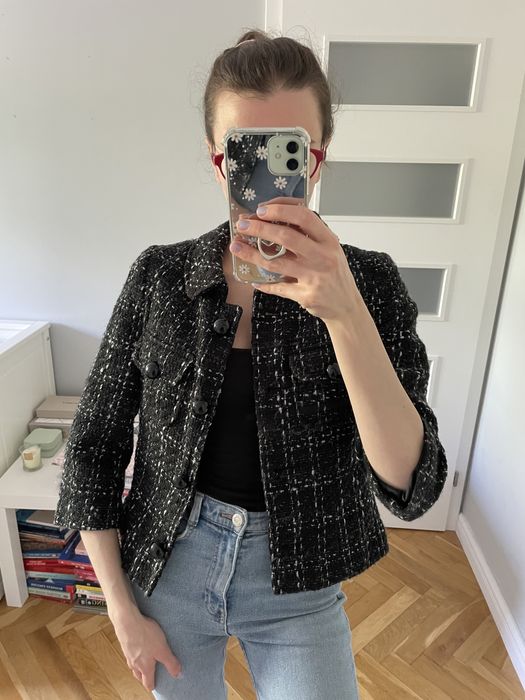 Krótki żakiet vintage Oasis w kratę z guzikami rękawki 3/4