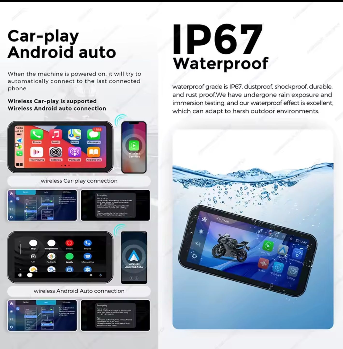 6.25 Rejestrator Motocyklowy FHD CarPlay Android Auto IP67 Dual Kamera