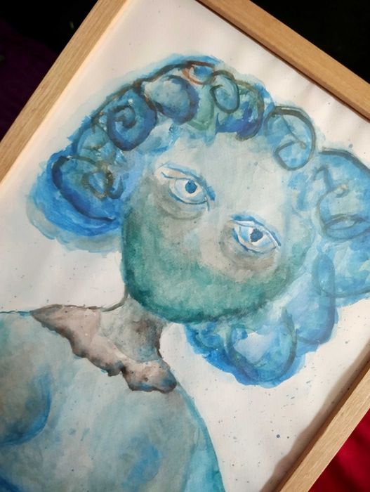 Obraz autorska postać w niebieskościach akwarela