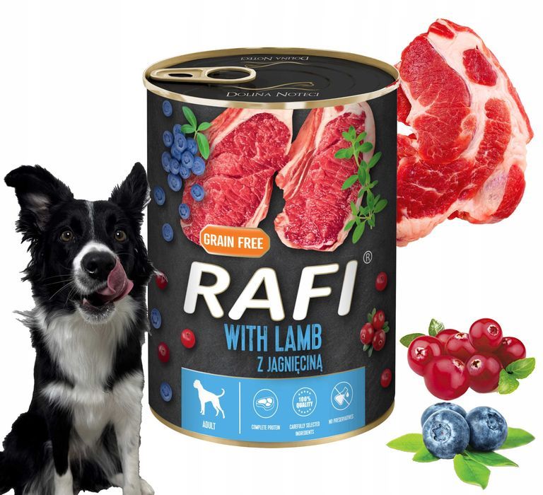 Karma Mokra Dla Psów RAFI z Jagnięciną, Borówką i Żurawiną 400g-48 szt