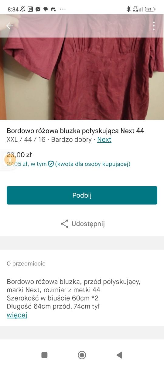 Bordowo różowa bluzka połyskująca Next 44