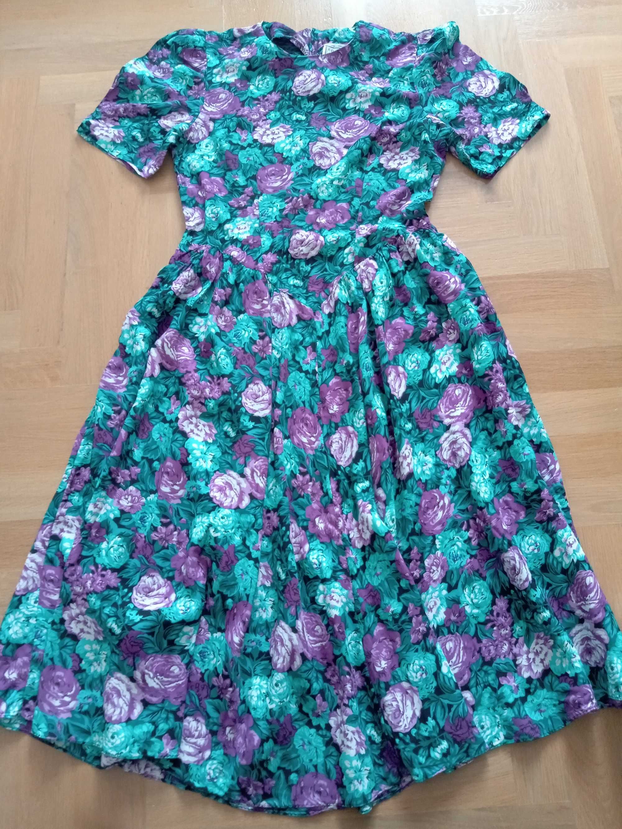 E.D. Michaels Petites sukienka szmaragdowa fiolet róże vintage rayon