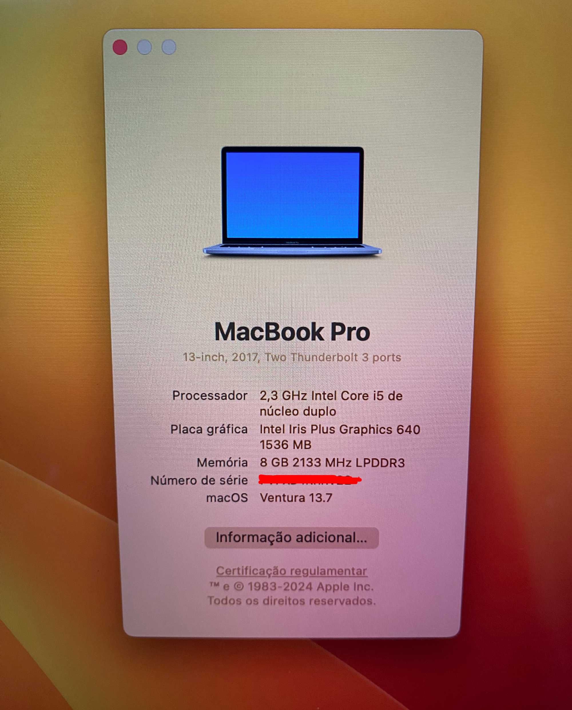 MacBook Pro 13 (2017) (A1708) - i5 / 8GB Ram / 128GB SSD -Com garantia