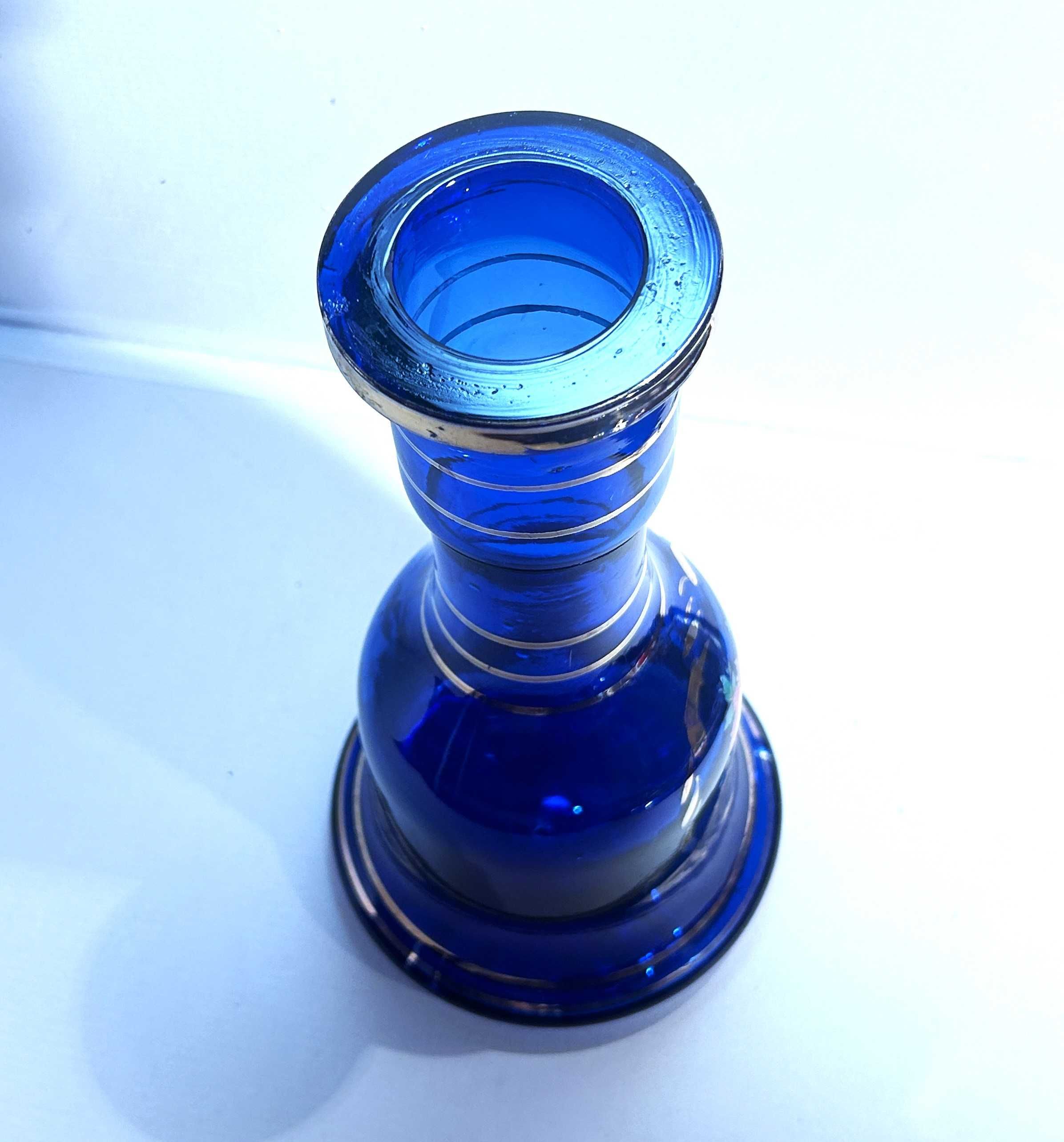 Wazon szklany, niebieski, kobaltowy, zdobiony